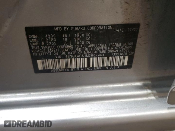 2021 Subaru Impreza with VIN 4S3GKAB61M3607464, listed as a Copart auction lot 51578755 with 46,921 mi miles and Salvage Title. Bid and sale history available at carsss.com. Image 12.