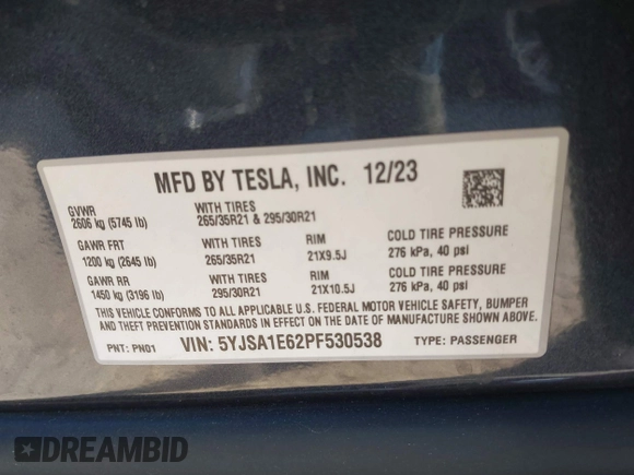 2023 Tesla Model S Plaid с VIN 5YJSA1E62PF530538, выставлен на аукционе IAAI как лот 41553415 с пробегом 31 392 миль миль и . История ставок и продаж доступна на DreamBid. Изображение 9.