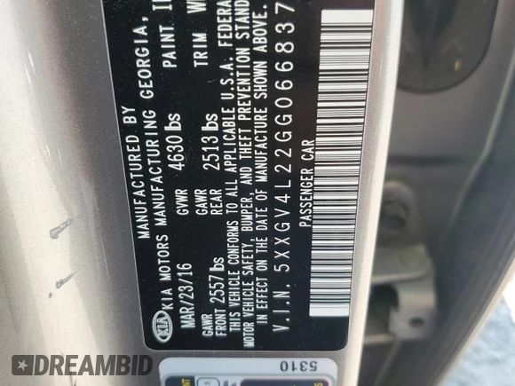 2016 Kia Optima SXL Turbo with VIN 5XXGV4L22GG066837, listed as a Copart auction lot 60989355 with 100,926 mi miles and Salvage title. Bid and sale history available at DreamBid. Image 13.