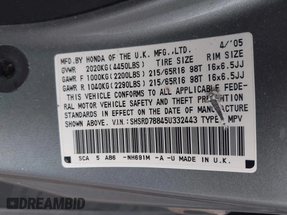 2005 Honda CR-V EX with VIN SHSRD78845U332443, listed as a IAAI auction lot 42161060 with 72,444 mi miles and . Bid and sale history available at carsss.com. Image 9.