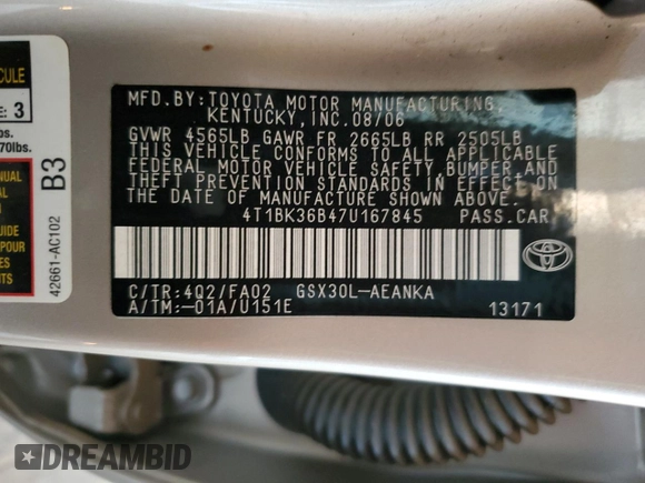 2007 Toyota Avalon XL with VIN 4T1BK36B47U167845, listed as a Copart auction lot 52461915 with 69,602 mi miles and Salvage Title. Bid and sale history available at carsss.com. Image 12.