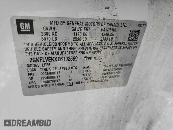 2014 GMC Terrain SLE with VIN 2GKFLVEKXE6102689, listed as a Copart auction lot 47861335 with 137,210 mi miles and Clean Title. Bid and sale history available at carsss.com. Image 13.