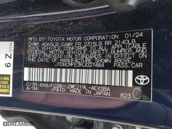 2024 Toyota Corolla Hybrid LE with VIN JTDBCMFE3RJ027484, listed as a IAAI auction lot 41575168 with 17,677 mi miles. Bid and sale history available at carsss.com. Image 9.