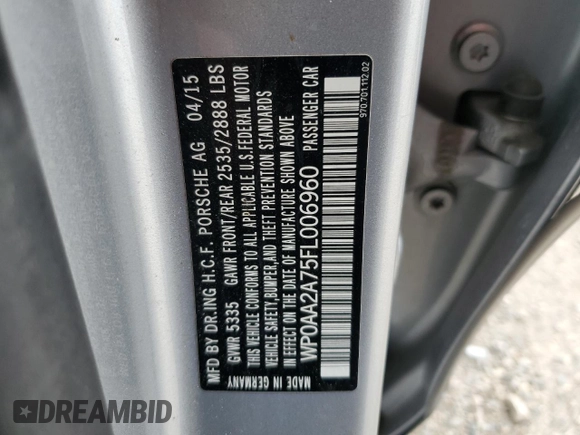 2015 Porsche Panamera 4 with VIN WP0AA2A75FL006960, listed as a Copart auction lot 54758465 with 141,079 mi miles and Clean Title. Bid and sale history available at DreamBid. Image 12.