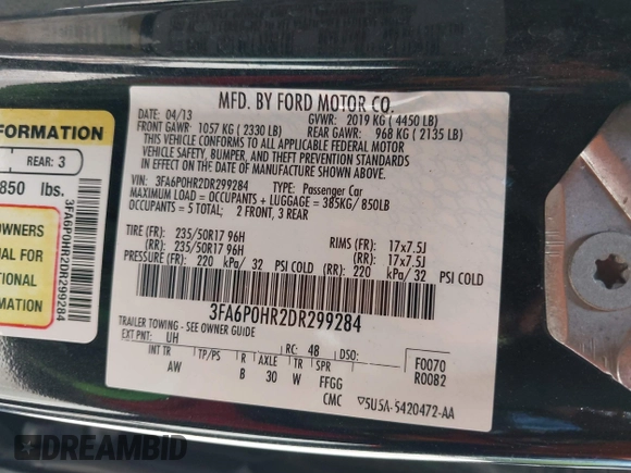 2013 Ford Fusion SE with VIN 3FA6P0HR2DR299284, listed as a IAAI auction lot 42570135 with 200,540 mi miles and . Bid and sale history available at DreamBid. Image 9.