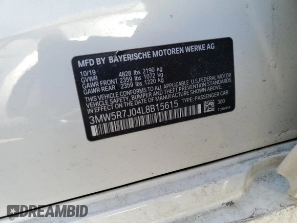 2020 BMW 3 Series 330i xDrive with VIN 3MW5R7J04L8B15615, listed as a Copart auction lot 48516465 with 63,984 mi miles and Salvage Title. Bid and sale history available at DreamBid. Image 13.