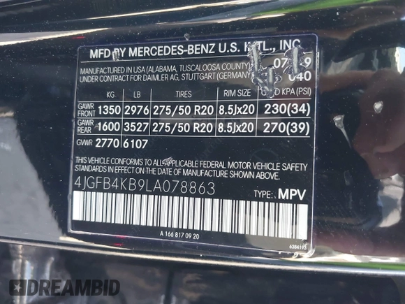 2020 Mercedes-Benz GLE 350 with VIN 4JGFB4KB9LA078863, listed as a IAAI auction lot 42384797 with 66,189 mi miles and . Bid and sale history available at DreamBid. Image 9.