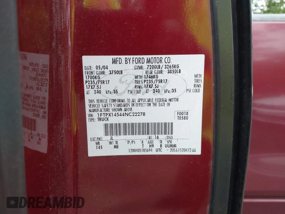 2004 Ford F-150 XLT with VIN 1FTPX14544NC22278, listed as a IAAI auction lot 42636020 with 144,315 mi miles and . Bid and sale history available at DreamBid. Image 9.