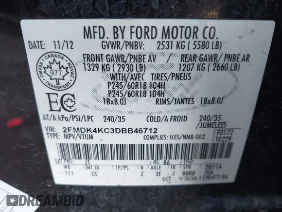 2013 Ford Edge Limited with VIN 2FMDK4KC3DBB46712, listed as a IAAI auction lot 41877363 with 105,436 mi miles. Bid and sale history available at carsss.com. Image 9.