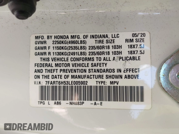 2020 Honda CR-V EX with VIN 7FART6H53LE005902, listed as a IAAI auction lot 41951308 with 50,498 mi miles and . Bid and sale history available at DreamBid. Image 9.