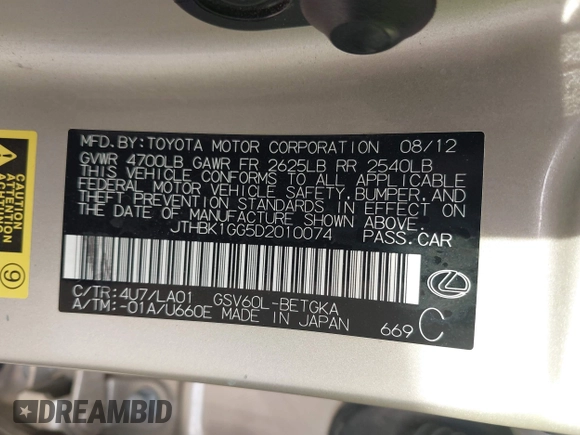 2013 Lexus ES 250 with VIN JTHBK1GG5D2010074, listed as a IAAI auction lot 41602073 with 130,097 mi miles and . Bid and sale history available at DreamBid. Image 9.