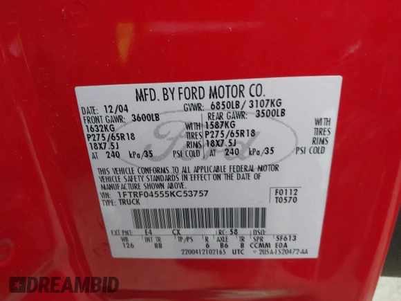 2005 Ford F-150 XLT with VIN 1FTRF04555KC53757, listed as a IAAI auction lot 42474232 with 175,654 mi miles and . Bid and sale history available at DreamBid. Image 9.
