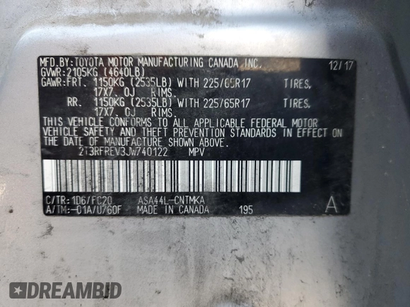 2018 Toyota RAV4 XLE with VIN 2T3RFREV3JW740122, listed as a Copart auction lot 51339045 with 115,293 mi miles and Salvage Title. Bid and sale history available at DreamBid. Image 13.