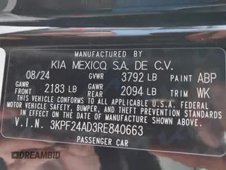 2024 Kia Forte LXS with VIN 3KPF24AD3RE840663, listed as a IAAI auction lot 41858540 with 4,551 mi miles and . Bid and sale history available at DreamBid. Image 9.