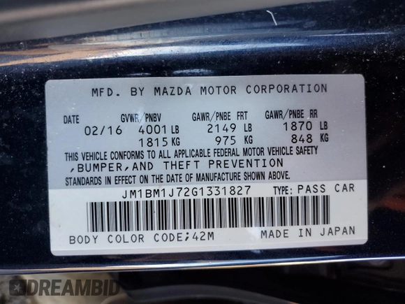 2016 Mazda 3 i Sport with VIN JM1BM1J72G1331827, listed as a Copart auction lot 47018765 with 72,116 mi miles and Salvage Title. Bid and sale history available at DreamBid. Image 14.