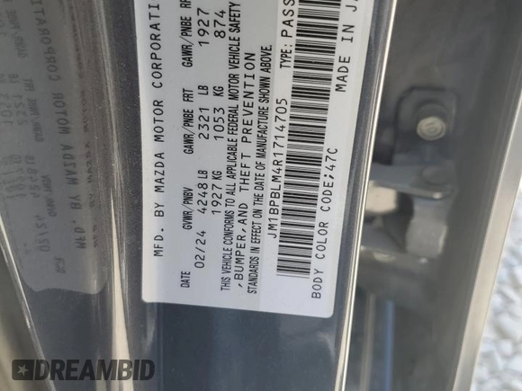 2024 Mazda 3 S Carbon Edition with VIN JM1BPBLM4R1714705, listed as a Copart auction lot 60755095 with 1,879 mi miles and Salvage title. Bid and sale history available at DreamBid. Image 12.