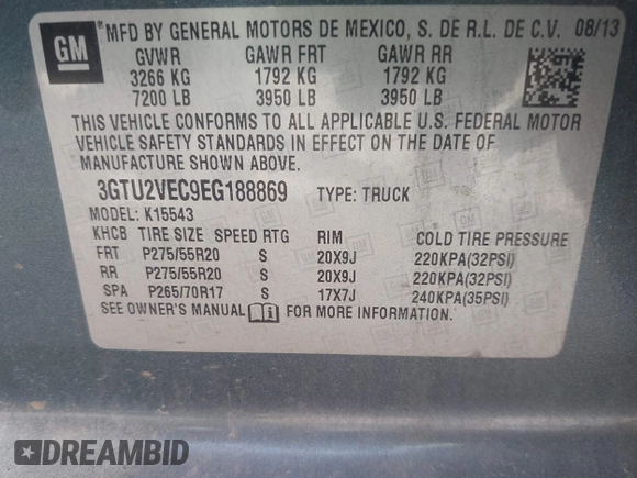 2014 GMC Sierra 1500 SLT with VIN 3GTU2VEC9EG188869, listed as a IAAI auction lot 41876520 with 147,367 mi miles and . Bid and sale history available at DreamBid. Image 9.