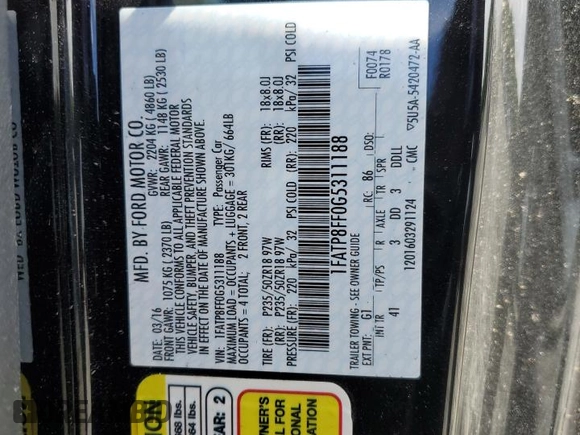 2016 Ford Mustang GT Premium with VIN 1FATP8FF0G5311188, listed as a Copart auction lot 57486565 with 17,013 mi miles and Salvage title. Bid and sale history available at DreamBid. Image 13.