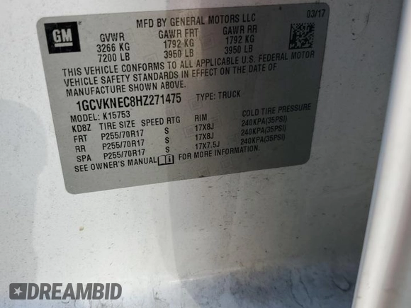 2017 Chevrolet Silverado 1500 Work Truck with VIN 1GCVKNEC8HZ271475, listed as a Copart auction lot 51893725 with 0 mi miles and Salvage Title. Bid and sale history available at carsss.com. Image 12.