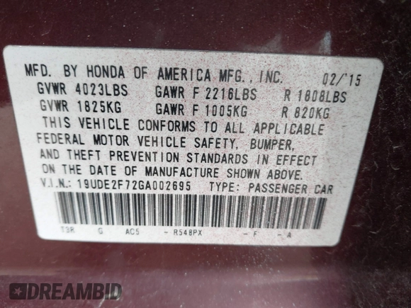 2016 Acura ILX w/Premium Pkg with VIN 19UDE2F72GA002695, listed as a IAAI auction lot 41527504 with 167,756 mi miles. Bid and sale history available at carsss.com. Image 9.