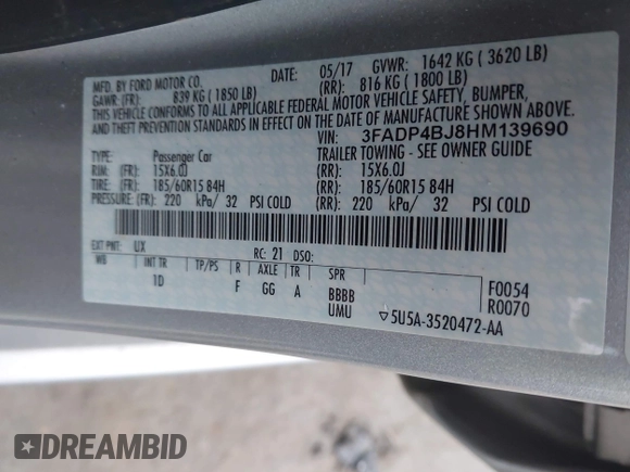 2017 Ford Fiesta SE with VIN 3FADP4BJ8HM139690, listed as a IAAI auction lot 41933741 with 116,814 mi miles. Bid and sale history available at carsss.com. Image 9.