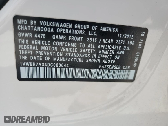 2013 Volkswagen Passat SE with VIN 1VWBH7A34DC060044, listed as a Copart auction lot 57180325 with 232,115 mi miles and Salvage title. Bid and sale history available at DreamBid. Image 12.