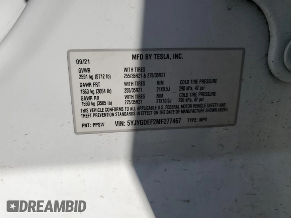 2021 Tesla Model Y Performance z VIN 5YJYGDEF2MF277467, wystawiony jako Copart lot #52410275 z przebiegiem 57 116 mil mil oraz Szkoda całkowita • Salvage title. Historia ofert i sprzedaży dostępna na DreamBid. Obrazek 16.