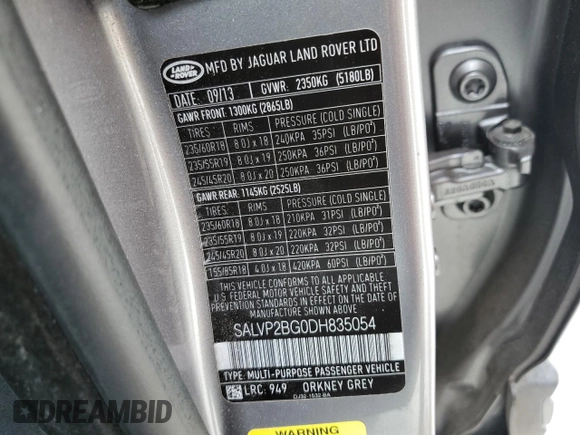 2013 Land Rover Range Rover Evoque Pure Plus with VIN SALVP2BG0DH835054, listed as a Copart auction lot 54587795 with 107,968 mi miles and Salvage Title. Bid and sale history available at carsss.com. Image 13.