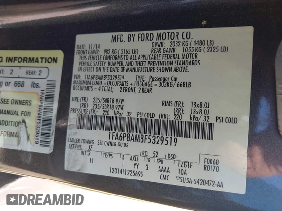 2015 Ford Mustang V6 with VIN 1FA6P8AM8F5329519, listed as a IAAI auction lot 42226971 with 108,730 mi miles and . Bid and sale history available at DreamBid. Image 9.