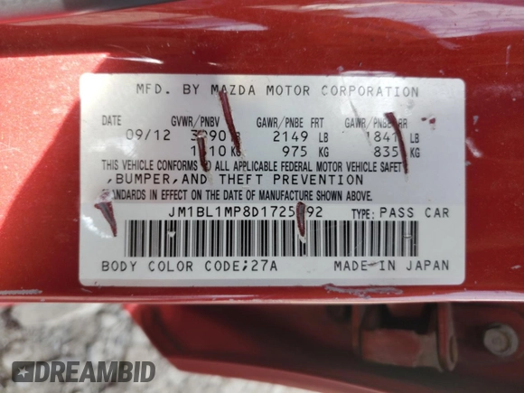 2013 Mazda 3 i Grand Touring with VIN JM1BL1MP8D1725892, listed as a Copart auction lot 62813585 with 198,799 mi miles and Non repairable. Bid and sale history available at DreamBid. Image 12.