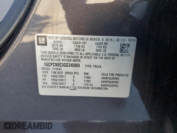 2016 Chevrolet Silverado 1500 LS with VIN 3GCPCNEC3GG245869, listed as a Copart auction lot 45499065 with 83,318 mi miles and Salvage Title. Bid and sale history available at DreamBid. Image 12.