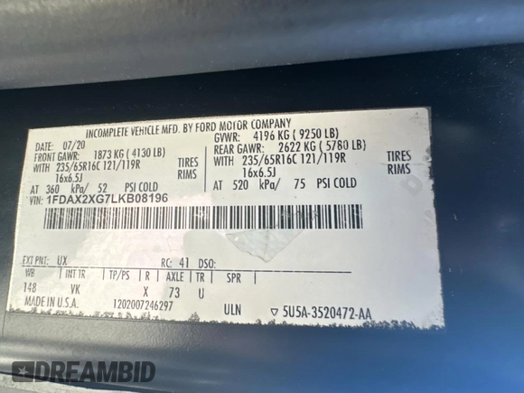 2020 Ford Transit with VIN 1FDAX2XG7LKB08196, listed as a Copart auction lot 47839445 with 24,055 mi miles and Clean Title. Bid and sale history available at DreamBid. Image 10.