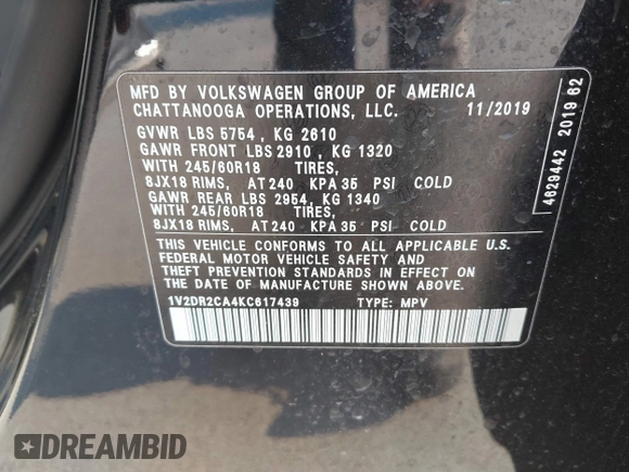 2019 Volkswagen Atlas SE with VIN 1V2DR2CA4KC617439, listed as a IAAI auction lot 41681309 with 67,080 mi miles and . Bid and sale history available at DreamBid. Image 9.