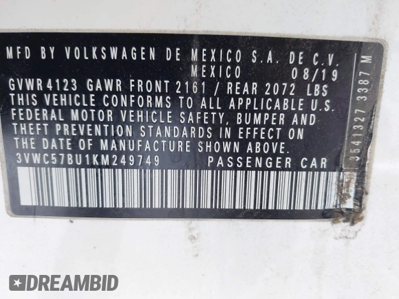 2019 Volkswagen Jetta S с VIN 3VWC57BU1KM249749, выставлен на аукционе IAAI как лот 42332100 с пробегом 128 620 миль миль и . История ставок и продаж доступна на DreamBid. Изображение 9.
