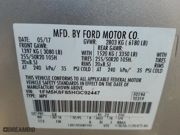 2017 Ford Explorer Limited with VIN 1FM5K8F85HGC92447, listed as a Copart auction lot 45286735 with 172,360 mi miles and Salvage Title. Bid and sale history available at carsss.com. Image 14.