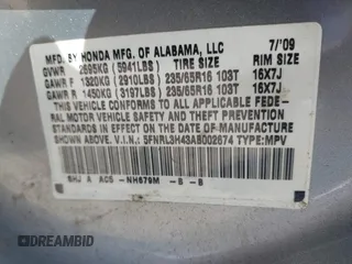 2010 Honda Odyssey EX with VIN 5FNRL3H43AB002674, listed as a IAAI auction lot 41769655 with 217,872 mi miles. Bid and sale history available at carsss.com. Image 9.