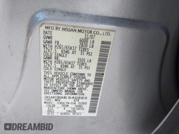 2008 Nissan Pathfinder LE с VIN 5N1AR18UX8C640889, выставлен на аукционе IAAI как лот 42106091 с пробегом 202 605 миль миль и . История ставок и продаж доступна на DreamBid. Изображение 9.