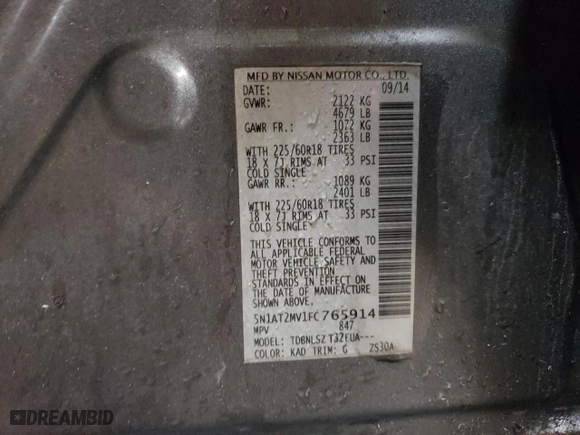 2015 Nissan Rogue SL with VIN 5N1AT2MV1FC765914, listed as a Copart auction lot 43814775 with 170,405 mi miles and Salvage Title. Bid and sale history available at carsss.com. Image 13.