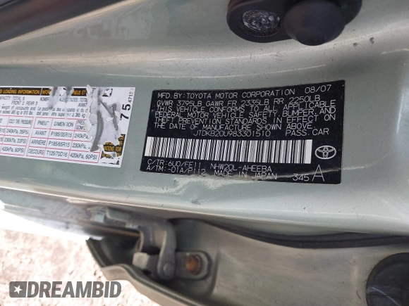 2008 Toyota Prius with VIN JTDKB20U983301510, listed as a IAAI auction lot 41833855 with 999,999 mi miles. Bid and sale history available at carsss.com. Image 9.