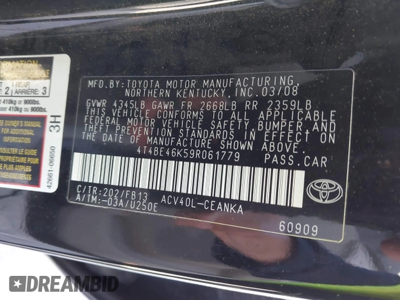 2009 Toyota Camry with VIN 4T4BE46K59R061779, listed as a IAAI auction lot 42140805 with 231,084 mi miles. Bid and sale history available at carsss.com. Image 9.