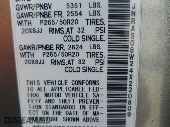 2004 Infiniti FX with VIN JNRAS08W24X220809, listed as a Copart auction lot 51657095 with 195,506 mi miles and Clean title. Bid and sale history available at DreamBid. Image 13.