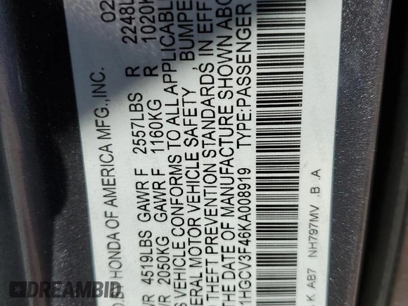 2019 Honda Accord EX with VIN 1HGCV3F46KA008919, listed as a Copart auction lot 47010785 with 62,014 mi miles and Salvage title. Bid and sale history available at DreamBid. Image 14.