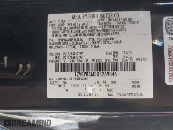2013 Ford Mustang V6 with VIN 1ZVBP8AM3D5269846, listed as a IAAI auction lot 42460827 with 80,934 mi miles and . Bid and sale history available at DreamBid. Image 9.