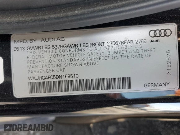 2013 Audi A6 3.0T Prestige with VIN WAUHGAFC5DN158510, listed as a Copart auction lot 63519994 with 115,196 mi miles and Salvage Title. Bid and sale history available at carsss.com. Image 12.