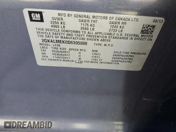 2013 GMC Terrain SLE with VIN 2GKALMEK0D6395988, listed as a Copart auction lot 49456625 with 228,569 mi miles and Salvage title. Bid and sale history available at DreamBid. Image 14.