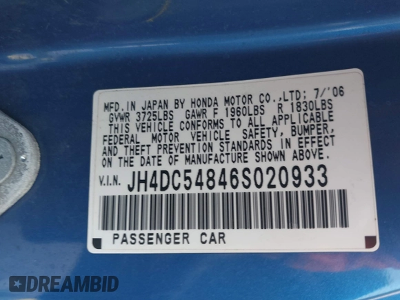 2006 Acura RSX with VIN JH4DC54846S020933, listed as a IAAI auction lot 42439000 with 180,973 mi miles and . Bid and sale history available at DreamBid. Image 9.