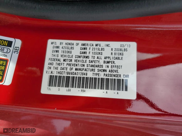 2013 Honda Accord Cpe EX-L with VIN 1HGCT1B88DA013948, listed as a Copart auction lot 47321725 with 80,472 mi miles and Salvage Title. Bid and sale history available at carsss.com. Image 12.
