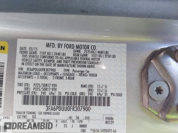 2015 Ford Fusion S Hybrid with VIN 3FA6P0UU0FR307900, listed as a IAAI auction lot 41507112 with 150,257 mi miles. Bid and sale history available at carsss.com. Image 9.