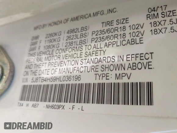 2017 Acura RDX Technology with VIN 5J8TB4H59HL036196, listed as a IAAI auction lot 41787076 with Not provided miles and . Bid and sale history available at DreamBid. Image 9.