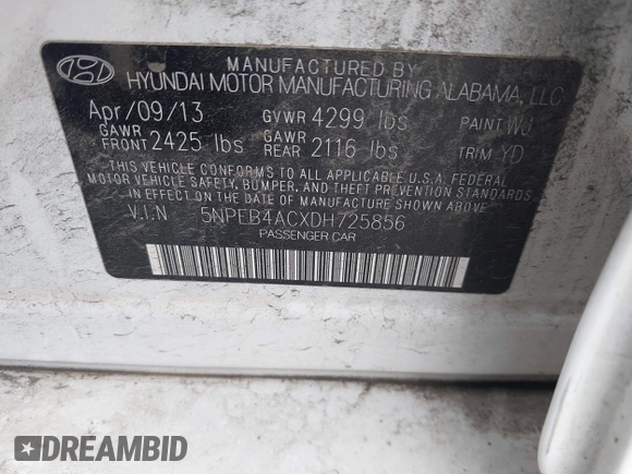 2013 Hyundai Sonata GLS with VIN 5NPEB4ACXDH725856, listed as a IAAI auction lot 41894412 with 137,855 mi miles and . Bid and sale history available at carsss.com. Image 9.